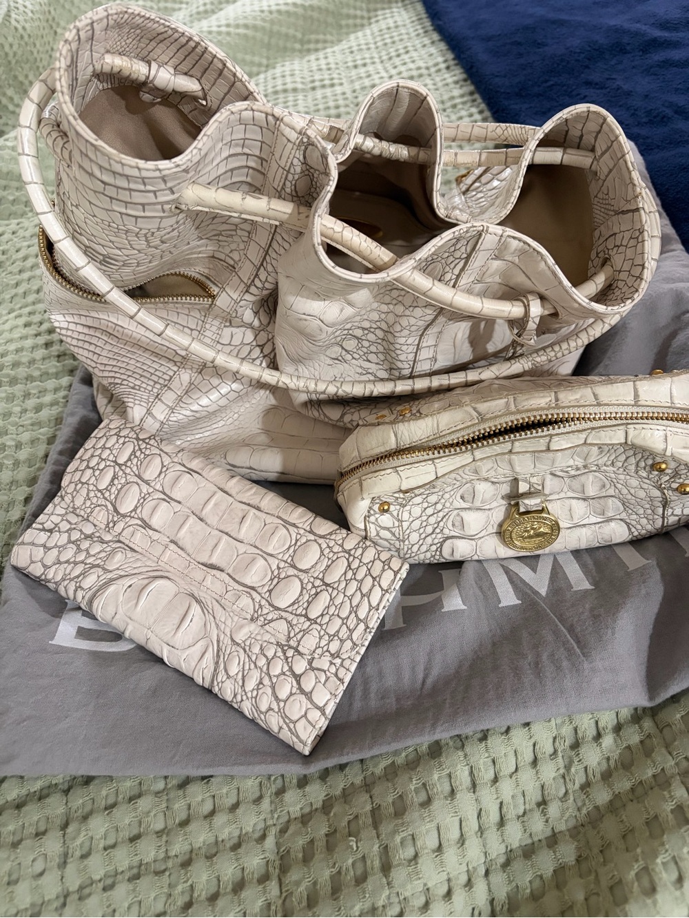 Brahmin Stylish Cream Croc-Embossed Women’s Tote with Pouch Set